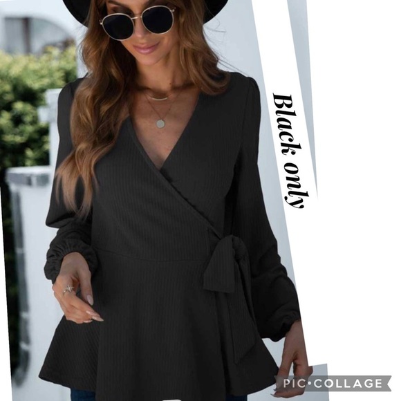 Black Ribbed Top w/Side Tie - Picture 1 of 5